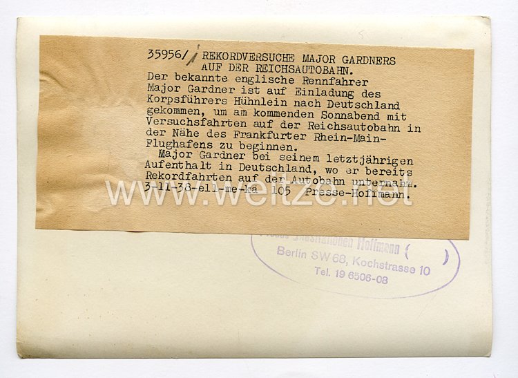 III. Reich Pressefoto. Rekordversuche Major Gardners auf der Reichsautobahn.  3.11.1938.  Bild 2