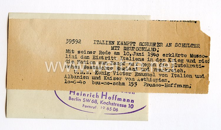 III. Reich Pressefoto. Italien kämpft Schulter an Schulter mit Deutschland. 10.6.1940. Bild 2
