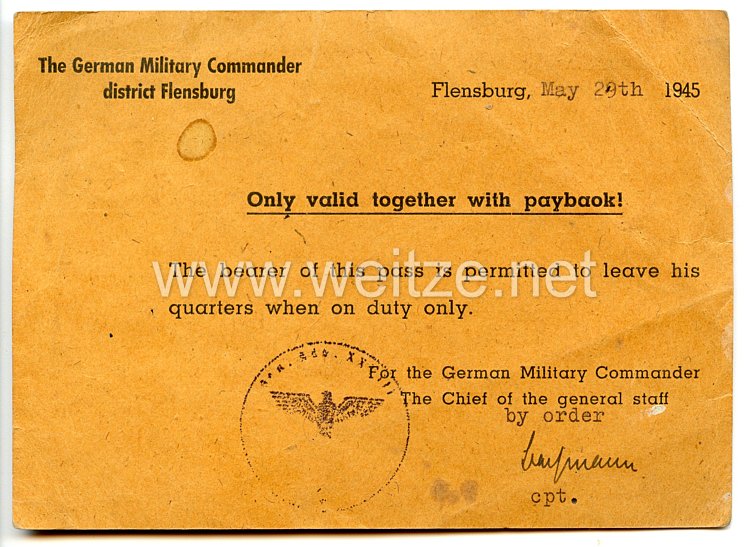 Der Wehrmachtbefehlshaber im Kreis Flensburg - Ausweis mit der Berechtigung dienstlich die Unterkunft zu verlassen Bild 2