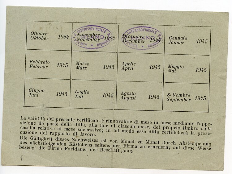 III. Reich - Beschäftigungsnachweis für einen Mann in Milano ( Italien ) Bild 2