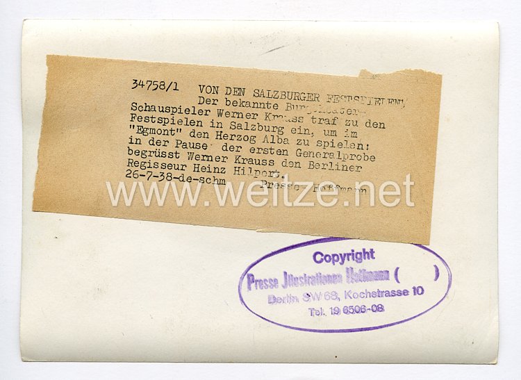 III. Reich Pressefoto. Werner Krauss bei dem Salzburger Festspielen. 27.07.1938.  Bild 2