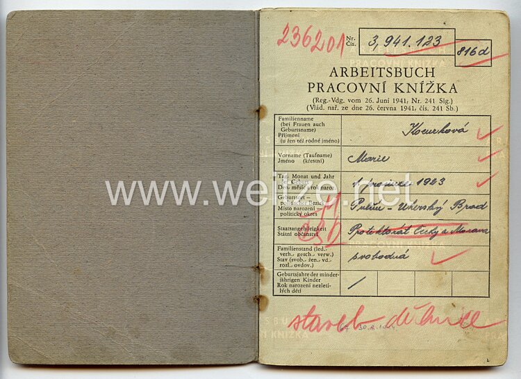 III. Reich - Protektorat Böhmen und Mähren - Arbeitsbuch für eine Frau des Jahrgangs 1925 Bild 2