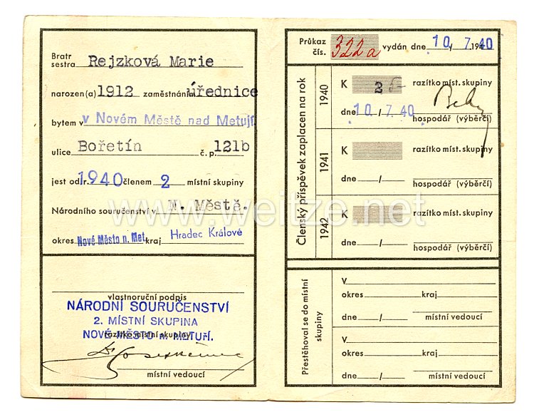 III. Reich - Tschecheslowakei - Narodni Sourucenstvi ( NS ) - Mitgliedsausweis für eine Frau des Jahrgangs 1912 Bild 2
